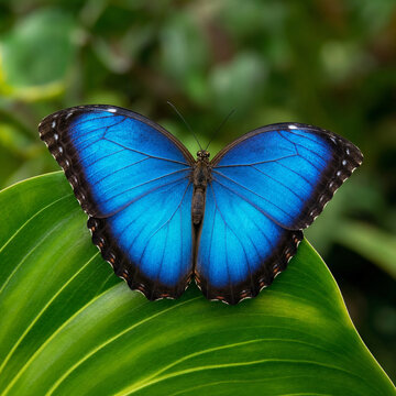 A vibrant blue butterfly rests on glossy green leaves, wings spread wide in a serene, natural garden scene with soft blurred background.