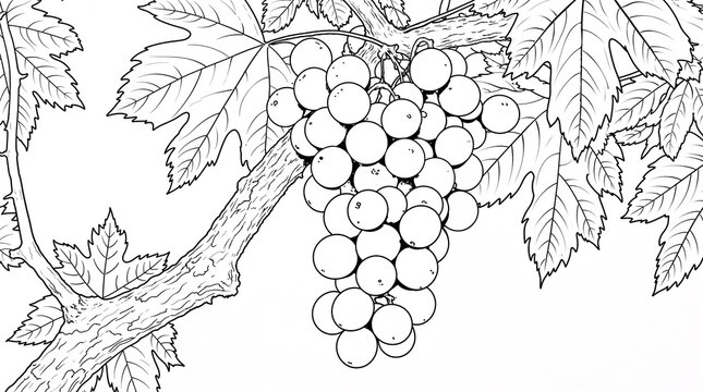 Coloring page grape cluster with leaves &mdash; detailed nature-themed design for creativity and relaxation