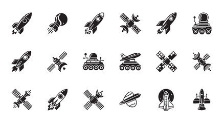 Collection of space travel icons rockets satellites and rovers on transparent background. © MD