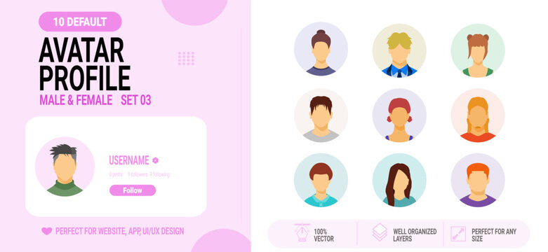 Soft Pink Default Profile User Characters, Simple Flat Style, Vector for Web Interface Design Set 03