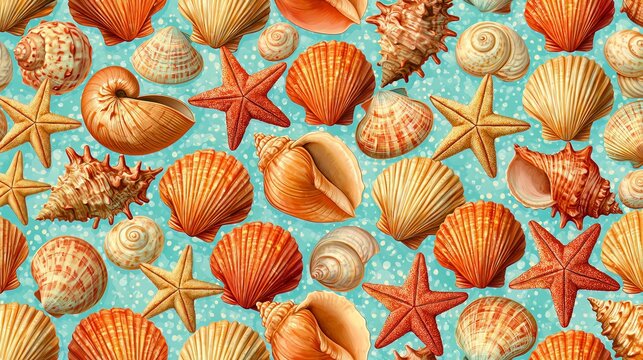 Ocean shells and starfish form a smooth, repeating pattern. This beach-like design works well for fabric, gift wrap, walls, and summer business logos.