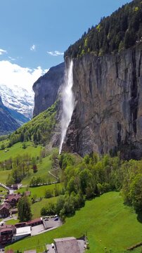 Aerial View of Staubbach Waterfall in Lauterbrunnen, Swiss Alps