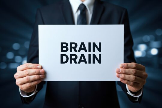 Executive Holding a Sign about the Brain Drain Problem