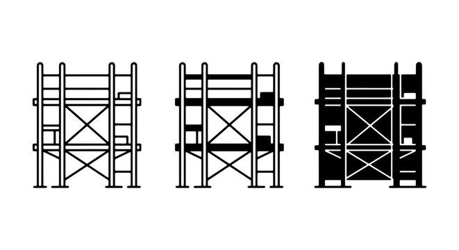 Construction Scaffolding Icons, Building Support Structures, Industrial Work Platforms, Vector Set