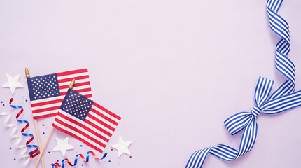 Obraz premium USA independence day happy independence day USA Two American flags with red white and blue streamers and stars on a light purple american