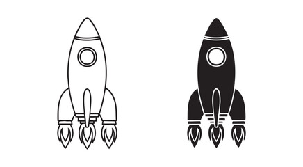 Rocket ship icon set in outline and solid black style for space travel and futuristic exploration. © MdAbdul