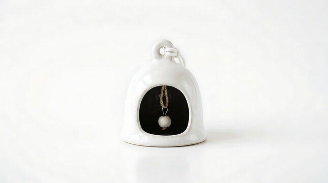 Minimalist white ceramic bell featuring simple jute twine clapper hanging centered against a clean bright studio background