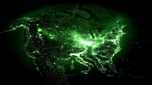 Digital world map of North America and Europe with glowing green neon city lights and network connections