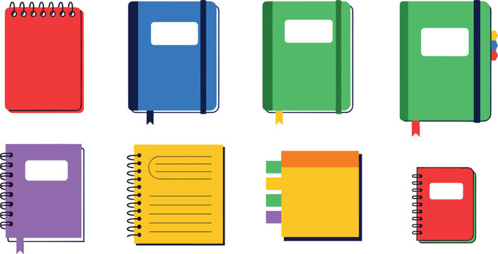 Colorful Notebook and Notepad Icon Set Featuring Spiral Notebooks, Hardcover Journals, Planners, and Tabbed Organizers for School, Office, and Digital Projects