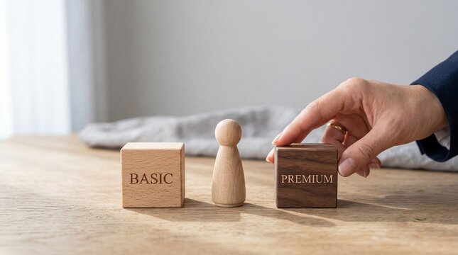 Hand placing premium wooden block next to basic block and figurine on table