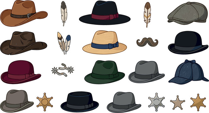 Vintage gentleman and western hat vector icon set featuring cowboy hats, fedoras, bowler hats, flat caps, sheriff stars, feathers, and spurs elements.