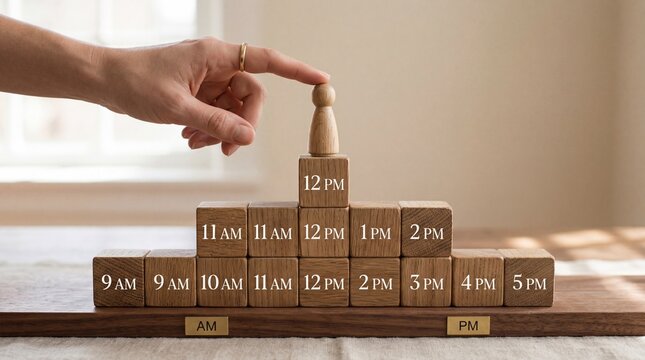 Hand placing wooden figure on time block pyramid indoors