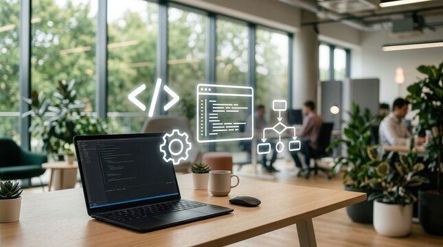Modern office space with laptops and digital code symbols representing software development.