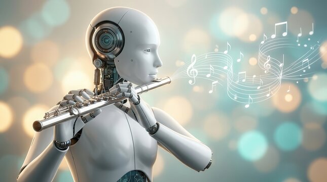 A humanoid robot playing a flute with musical notes flowing in the background.