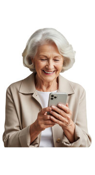 Smiling senior woman using smartphone happily