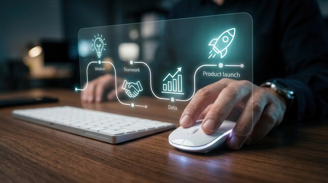 Business professional using a mouse to navigate a digital virtual screen showing a new product development roadmap.