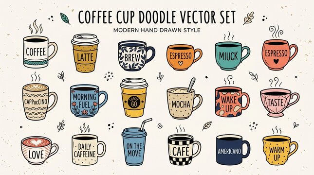Coffee cup doodle vector set, hand drawn cafe mug illustrations, 18 colorful caffeine beverage icons, modern sketch style coffee shop graphics