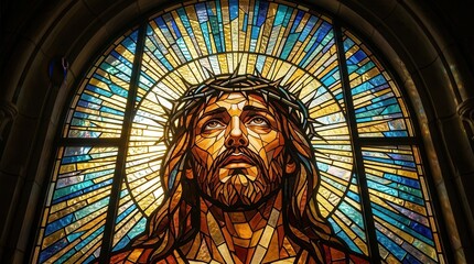 Fototapeta premium Jesus Christ wearing a crown of thorns in colorful stained glass art style.