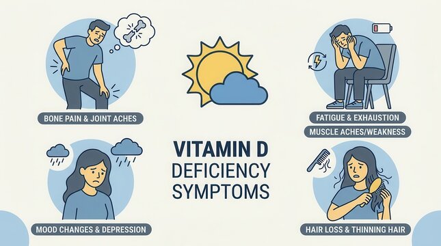 Vitamin D deficiency symptoms including bone pain, fatigue, and mood changes educational infographic
