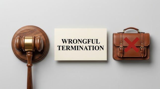 Wrongful termination concept featuring a wooden gavel, a card, and a briefcase with a red cross representing employment law and unlawful dismissal.