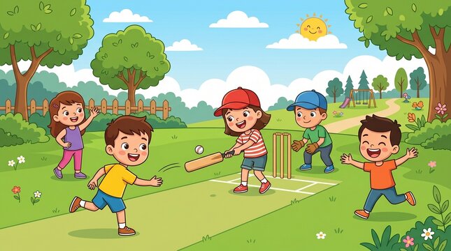 Cartoon children playing cricket in a sunny park, happy kids sports activity illustration, diverse group of young boys and girls playing outdoors