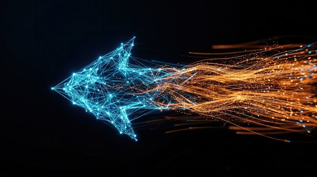 Abstract arrow of blue and orange particle streams for strategy planning and data integration.