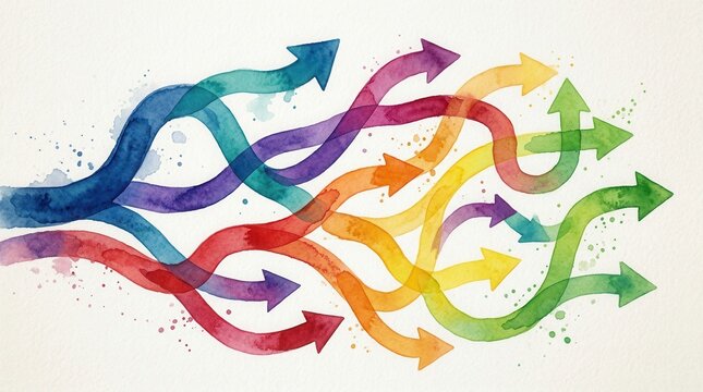 Colorful winding path with multiple arrowheaded routes for change management strategy.