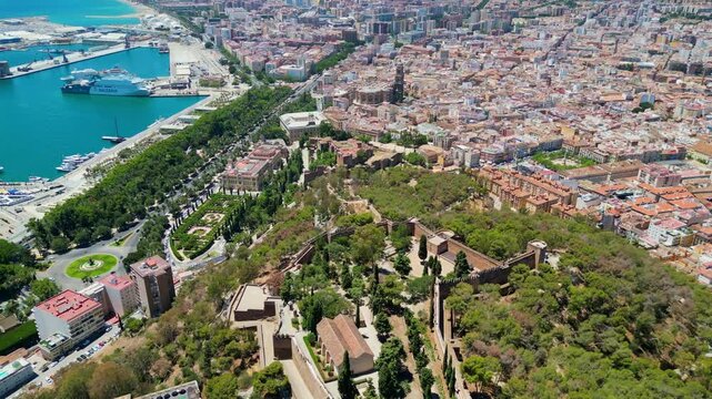 Malaga, Spain - July 17, 2025 High angle flyover of Malaga harbor and the historic Gibralfaro medieval fortress on the hilltop. Scenic coastal cityscape with luxury boats and Mediterranean sea in Anda