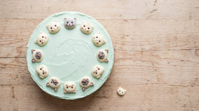 round cake with cat faces, birthday gift, space for text