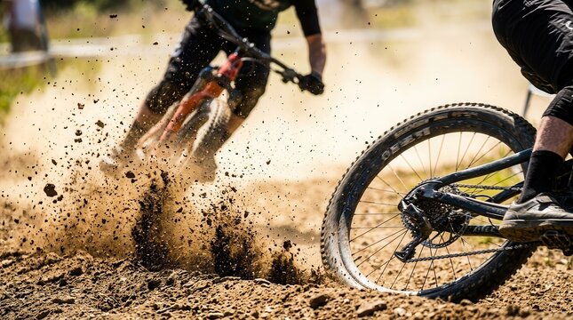 Mountain bike racers accelerate on a dirt track with flying debris in the sunshine.