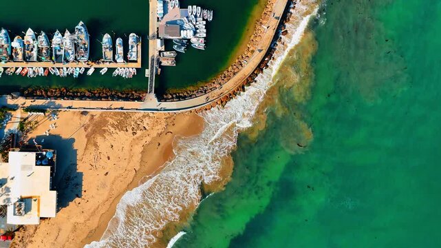 Turquoise ocean rolling foamy waves to the sandy beach. Drone footage over yacht club in Santa Barbara, California, USA.