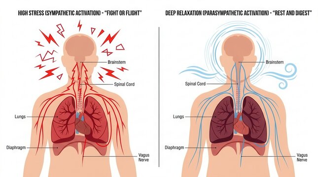 Vagus nerve activation showing the transition from fight or flight to rest and digest.