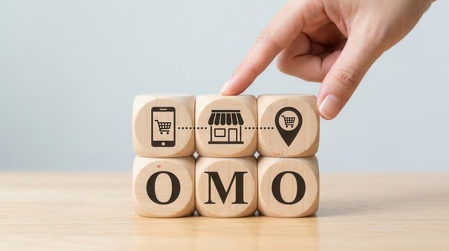 A hand places wooden cubes illustrating the online merge offline OMO concept for a borderless marketing channel strategy.