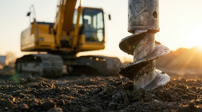 Extreme close up of a drilling bit penetrating hard ground for bored pile foundation.