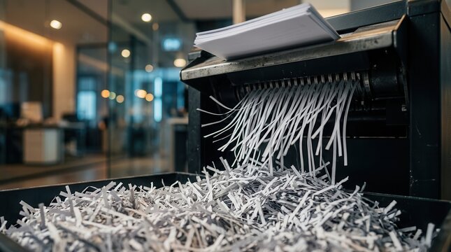 Confidential documents being destroyed by a powerful industrial shredder machine.