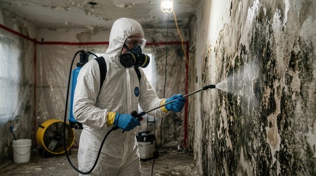 Professional technician in protective gear performing mold remediation on a contaminated wall.