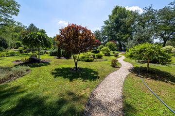 A winding gravel pathway curves through a landscaped public park with manicured green lawns, young ornamental trees with green and reddish foliage, and mature trees under a clear blue sky © Sodel Vladyslav