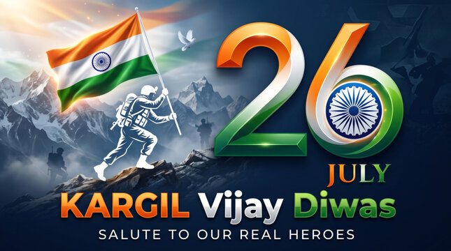 Kargil Vijay Diwas patriotic tribute with Indian flag and brave soldier honoring national heroes