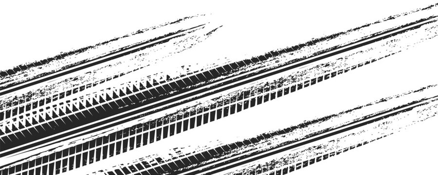 Black tire marks on road, Black rubber tire marks and tread marks, Tire trace track wheels texture and background, Auto tire tread grunge, Car wheel tyre tread track black tyre print, Top view.