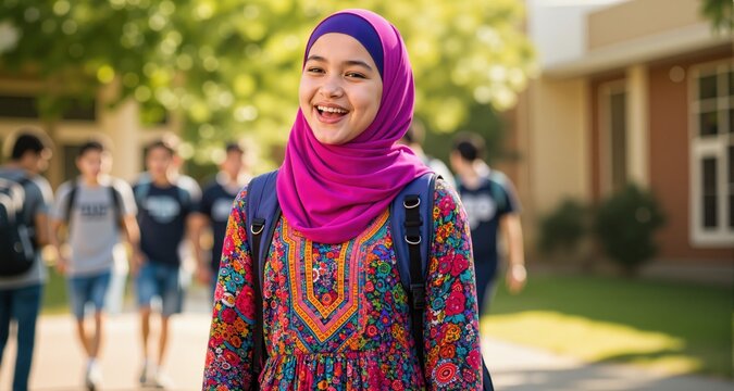 Beautiful joyful teen high school girl wearing colorful muslim clothing
