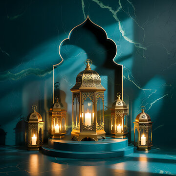 Traditional ornate gold lanterns with glowing candles set against a turquoise arched background for middle eastern celebration