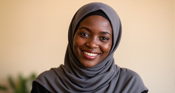 Black muslim woman dressed in hijab smiling and looking at camera
