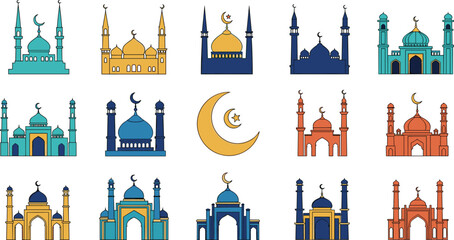 Mosque Architecture and Islamic Landmarks Vector Illustration Set with Colorful Ramadan Masjids, Minarets, Domes, and Crescent Moon Star Design Elements © MdSoleman