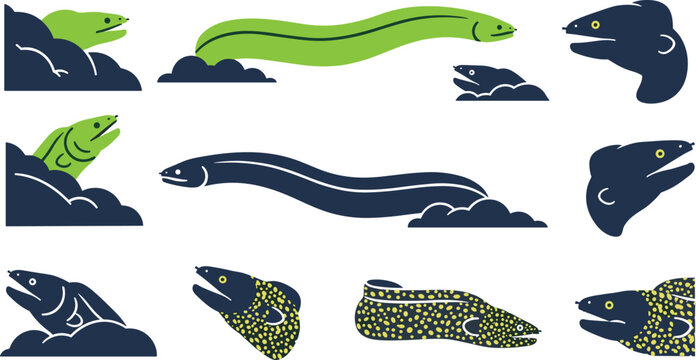 Moray Eel and Sea Snake Icon Set with Spotted Coral Reef Eels, Slithering Ocean Predators, Marine Wildlife Under Water, and Aggressive Fish Head Vector Illustrations