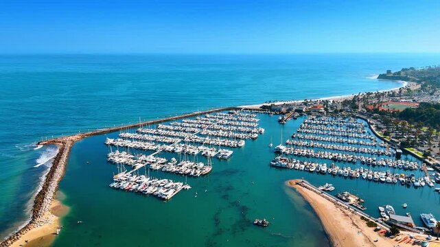 Santa Barbara Yacht club with numerous vessels. Approaching the harbor with numerous berths busy with boats. Aerial view.