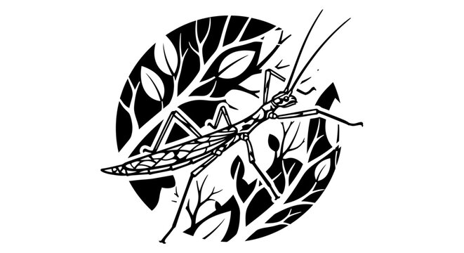 Black and white stick insect illustration in circular leaf frame