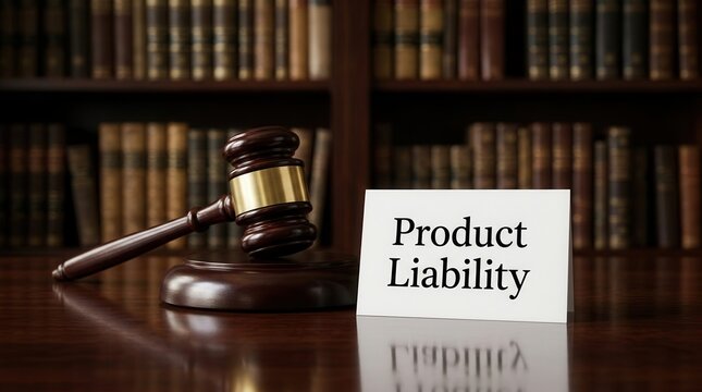Wooden gavel on a courtroom desk with law books regarding product liability and consumer protection.