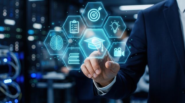 Professional using AI education technology on an accredited elearning platform for digital certification.