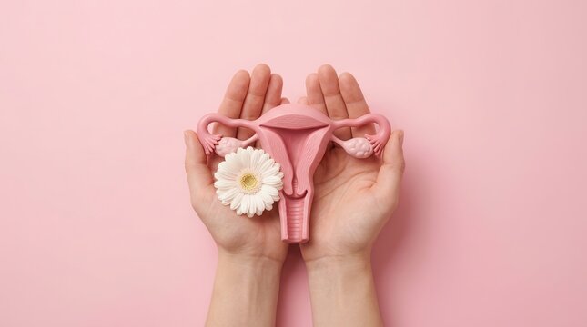 Woman holding a pink uterus model and white flower for gynecology and cervix cancer awareness.