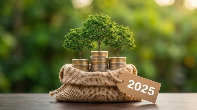 Sustainable investment in 2025 showing green business growth with trees growing from coins in a burlap bag.